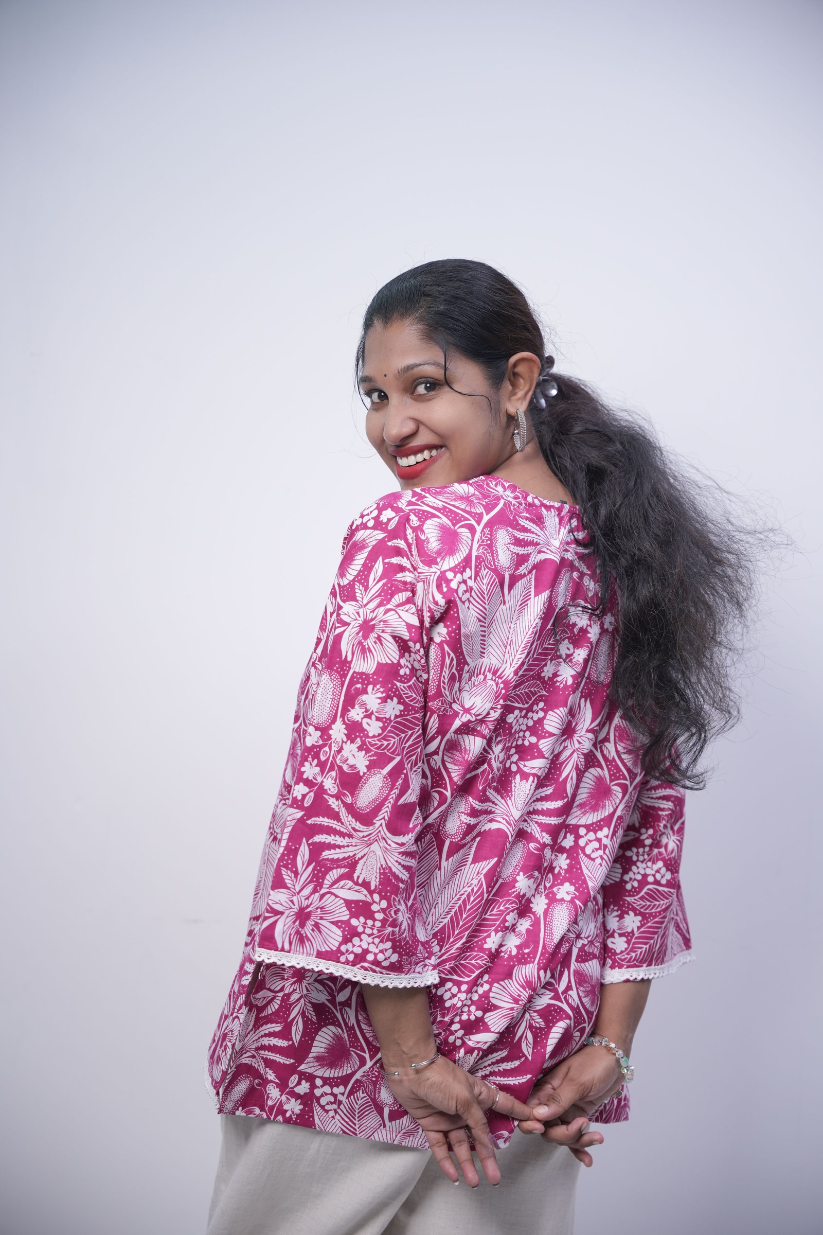 Magenta Pink Floral Block Print Cotton Short Kurti